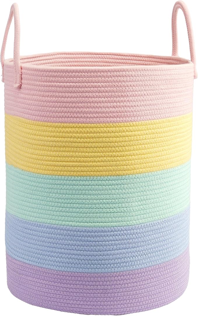Woven Cotton Rope Laundry basket-15”X20” Laundry Hamper-Rope Storage Basket for Dirty Clothes, Toys and Blankets Perfect for Bathroom, Baby nursery and Living Room Storage (light rainbow)
