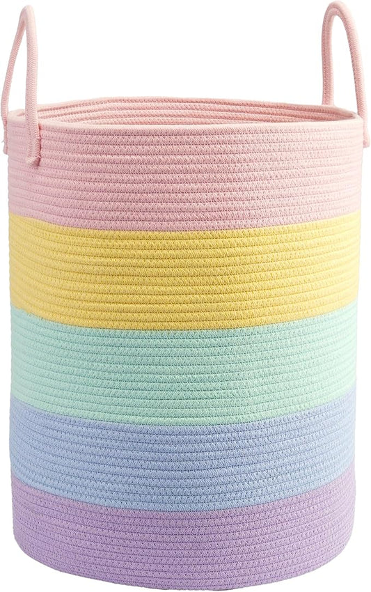 Woven Cotton Rope Laundry basket-15”X20” Laundry Hamper-Rope Storage Basket for Dirty Clothes, Toys and Blankets Perfect for Bathroom, Baby nursery and Living Room Storage (light rainbow)