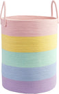 Woven Cotton Rope Laundry basket-15”X20” Laundry Hamper-Rope Storage Basket for Dirty Clothes, Toys and Blankets Perfect for Bathroom, Baby nursery and Living Room Storage (light rainbow)