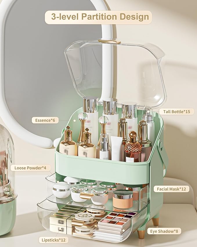 Makeup Organizer Countertop, Skincare Holder Bathroom Counter Organizer, Storage Box Cosmetic Display Cases, Teen Girl Gifts Make up Organizers for Vanity, Dresser (Green)