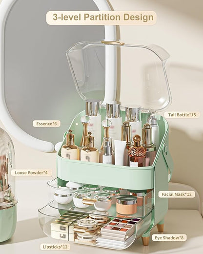 Makeup Organizer Countertop, Skincare Holder Bathroom Counter Organizer, Storage Box Cosmetic Display Cases, Teen Girl Gifts Make up Organizers for Vanity, Dresser (Green)