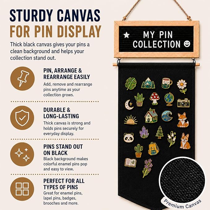 Enamel Pin Display Banner with Customizable Felt Letter Board and 170+ Letters, Hanging Canvas Pin Organizer for Lapel Pins, Brooches & Badges, Wall Display for Pin Collectors, Bedroom Dorm Decor