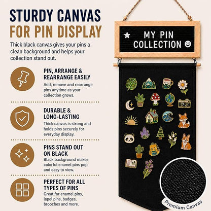 Enamel Pin Display Banner with Customizable Felt Letter Board and 170+ Letters, Hanging Canvas Pin Organizer for Lapel Pins, Brooches & Badges, Wall Display for Pin Collectors, Bedroom Dorm Decor