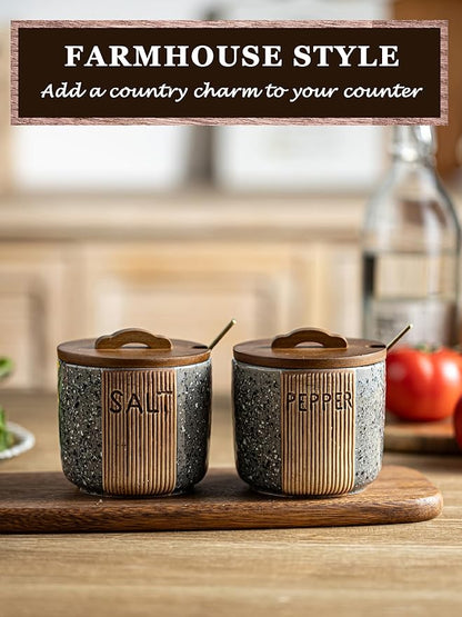 Salt and Pepper Bowl Ceramic, 10 Oz Salt Containers for Countertop Salt Cellar with Wooden Lid and Spoons, Salt and Pepper Set Marble Design, Gray