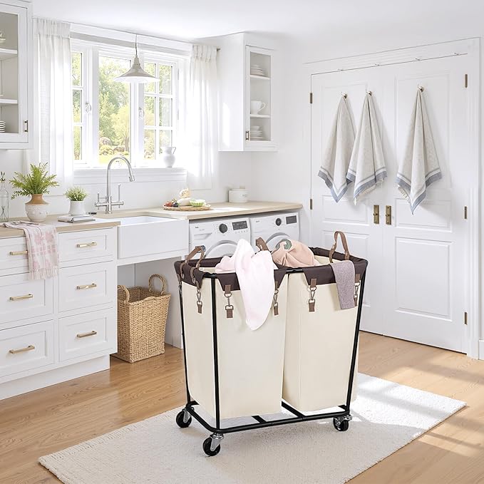 StorageWorks 280L Large Laundry Hamper with Wheels, Laundry Basket with Wheels 2 Sections, Clothes Sorter Cart with Divider for Hotel, Home, Beige, 1-Pack