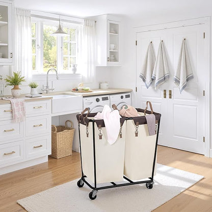 StorageWorks 280L Large Laundry Hamper with Wheels, Laundry Basket with Wheels 2 Sections, Clothes Sorter Cart with Divider for Hotel, Home, Beige, 1-Pack