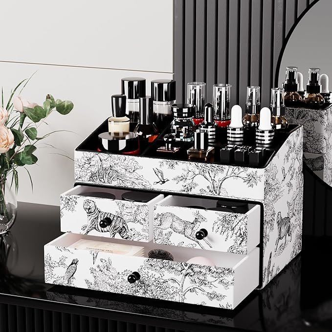 GORESE Leather Makeup Organizer with 3 Drawers for Vanity, Stackable Skincare Holder Dresser Organizer Countertop, Make Up Storage Organizers Counter Cosmetic Display Case Gift for Women(Retro Black)