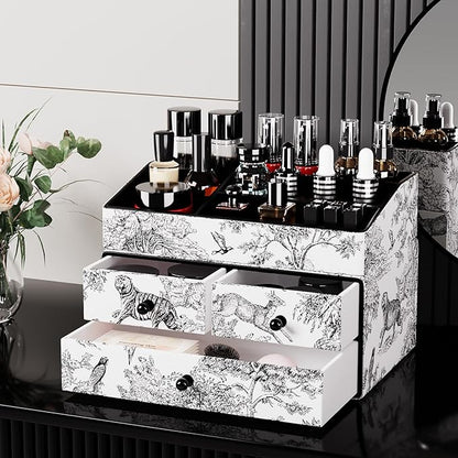 GORESE Leather Makeup Organizer with 3 Drawers for Vanity, Stackable Skincare Holder Dresser Organizer Countertop, Make Up Storage Organizers Counter Cosmetic Display Case Gift for Women(Retro Black)