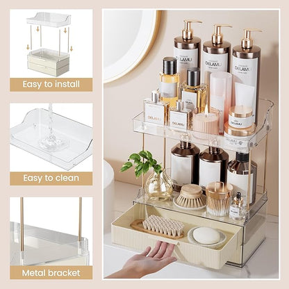 Delamu Bathroom Organizers and Storage, 2 Tier 2 Drawer Makeup Organizer Countertop, Easy to Install, Ideal for Bathroom Counter, Vanity, Ideal Gifts for Women Girls, Cream White