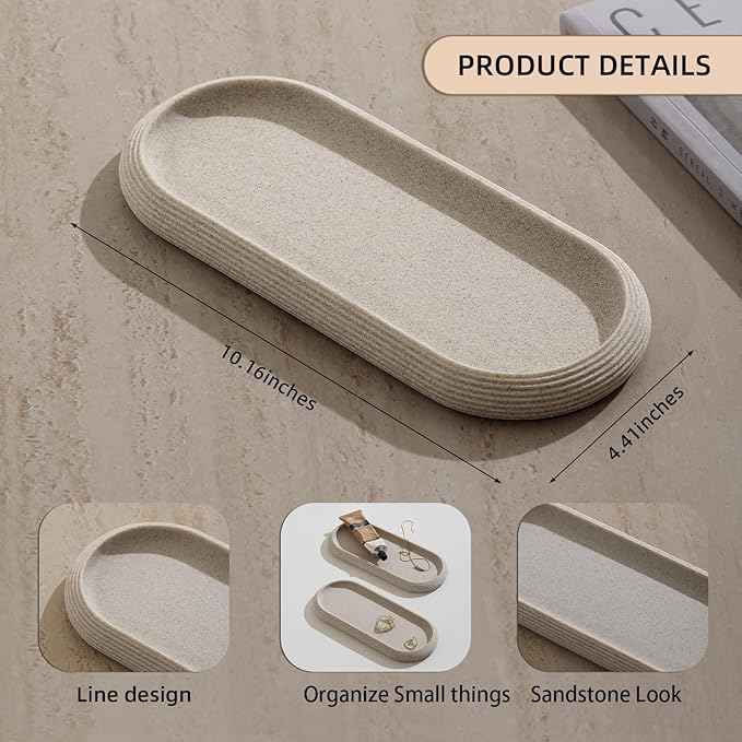 Jewelry Tray Bathtub, Resin Stone Look Decorative Perfume Tray, Bathroom Marble Vanity Organizer Plate Holder for Ring Soap Towel Small Things on Kitchen Sink Countertop (Beige, Medium)