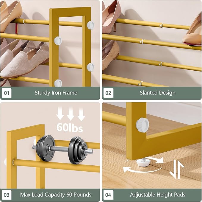 FAVOOSTY 5-Tier Expandable Shoe Rack, Adjustable Shoe Shelf Storage Organizer Space Saving Metal Free Standing Shoe Rack for Entryway Closet Doorway, Silver Grey (Gold, 5 Tier)