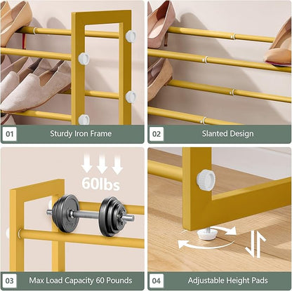 FAVOOSTY 5-Tier Expandable Shoe Rack, Adjustable Shoe Shelf Storage Organizer Space Saving Metal Free Standing Shoe Rack for Entryway Closet Doorway, Silver Grey (Gold, 5 Tier)