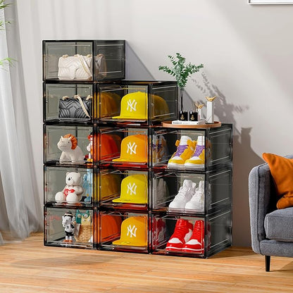 SCAVATA Hat Organizer Box, Stackable Clear Baseball Caps Holder Box Containers with Magnetic Door for Hats Snapback Cap Storag, Hat Rack Display Case, Holds 8 Hats Each (Black, 4 Pack)