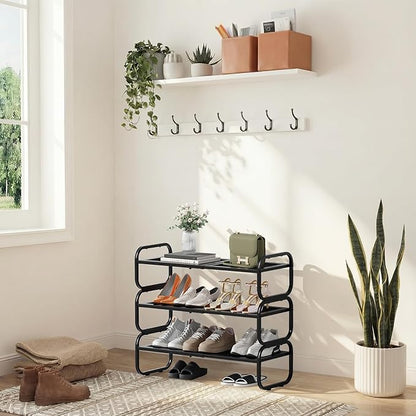3 Tier Shoe Rack - Expandable Shoe Organizer for Closet, Adjustable Metal Shoe Shelf Storage, Stackable Long Shoe Stand Holder for Garage, Entryway, Door Entrance