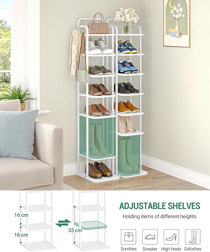 Hzuaneri 8 Tiers Vertical Shoe Rack, Narrow Shoe Tower, Tall Shoes Shelf with 2 Hooks, Adjustable Shelves, Corner Shoes Shelves for Small Spaces, Entryway, Living Room, White SR04313W