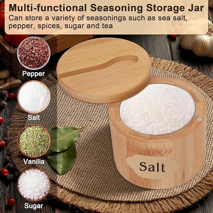 3Pcs Bamboo Salt Cellar, Salt Box Bowl with Magnetic Swivel Lid & Spoon, Round Salt Container Holder Spice Box with Label Stickers to Storage Pepper Spice Sea Herbs Sugar for Countertop,6 OZ