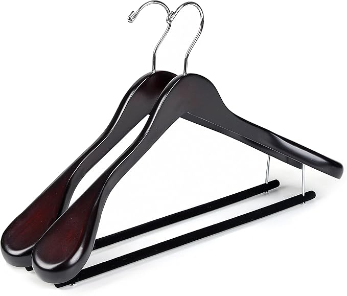 Luxury Wide Shoulder Wooden Hangers 2 Pack, with Velvet Bar, Smooth Mahogany Finish Wood Suit Hanger Coat Hanger for Closet, Holds Upto 20lbs, 360° Swivel Hook, for Jacket, Dress Heavy Clothes Hangers