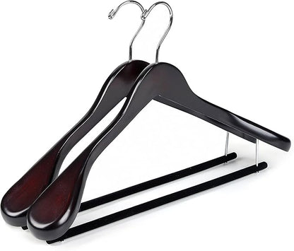 Luxury Wide Shoulder Wooden Hangers 2 Pack, with Velvet Bar, Smooth Mahogany Finish Wood Suit Hanger Coat Hanger for Closet, Holds Upto 20lbs, 360° Swivel Hook, for Jacket, Dress Heavy Clothes Hangers