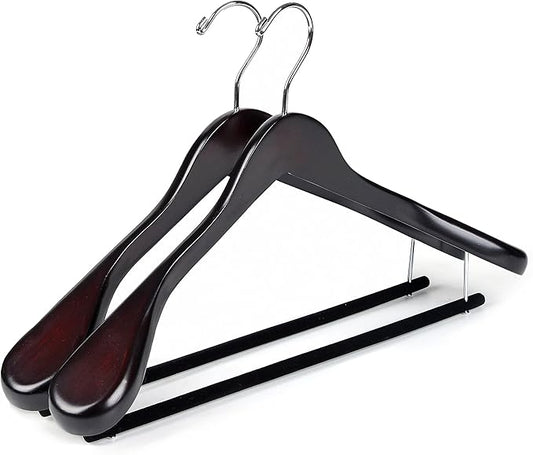 Luxury Wide Shoulder Wooden Hangers 2 Pack, with Velvet Bar, Smooth Mahogany Finish Wood Suit Hanger Coat Hanger for Closet, Holds Upto 20lbs, 360° Swivel Hook, for Jacket, Dress Heavy Clothes Hangers