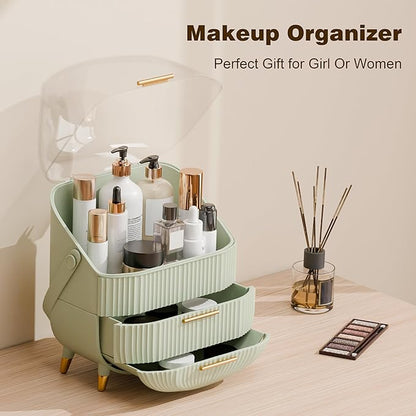 lurcns Makeup Organizers and Storage, Make up Organizer for Vanity Cosmetics Skincare Organizers With Lid and Drawers Display Cases for Countertop（Light Green）