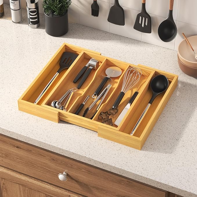 Lifewit Utensil Organizer for Kitchen Drawer, Expandable Cooking Utensil Tray, Cutlery Silverware Flatware Holder, Wood Adjustable Spatula Tools Storage Divider, 13-22x15/ 33-56x38cm, Natural
