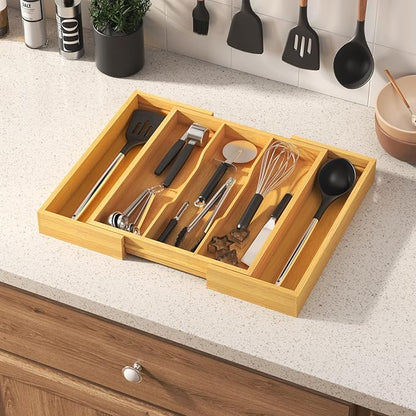 Lifewit Utensil Organizer for Kitchen Drawer, Expandable Cooking Utensil Tray, Cutlery Silverware Flatware Holder, Wood Adjustable Spatula Tools Storage Divider, 13-22x15/ 33-56x38cm, Natural
