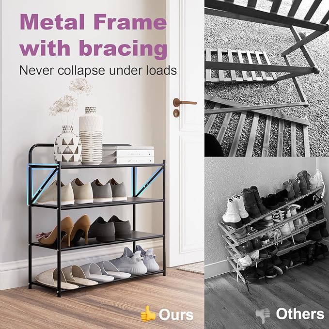 4 Tier No-Assembly Shoe Rack, Foldable Shoes Rack Organizer Without Installation, Portable Solid Metal Shoe Shelves for Closet, Entryway, Front Door Entrance