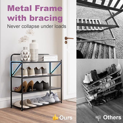 4 Tier No-Assembly Shoe Rack, Foldable Shoes Rack Organizer Without Installation, Portable Solid Metal Shoe Shelves for Closet, Entryway, Front Door Entrance