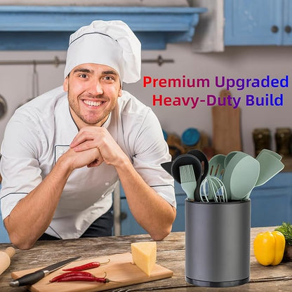LIBODOUR Kitchen Utensil Holder Extra Large 360°Rotating For Counter Organizer Stainless Steel Storage Cooking Silverware Caddy 3 Compartment Flatware Spoon Spatula Tool Cutlery Container(Grey)