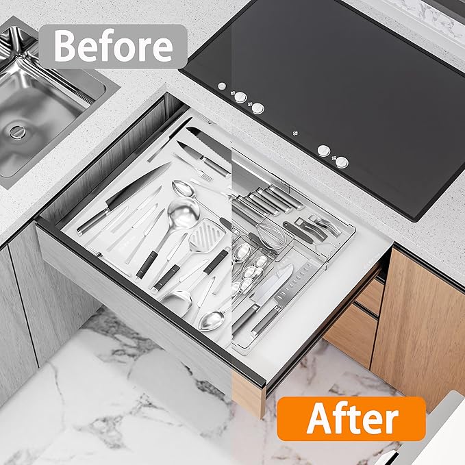 BPA-Free Expandable Utensil Drawer Organizer - Clear Plastic Adjustable Storage Tray for Kitchen Flatware, Knives, Forks and Spoons
