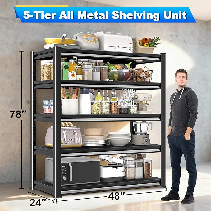Garage Shelving Heavy Duty，Large Loads Adjustable Garage Storage Shelves, Metal Storage Racks and Shelving Units, Utility Rack Shelves,47.2”W x 24”D x 78”H,Black