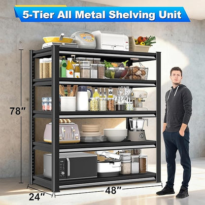 Garage Shelving Heavy Duty，Large Loads Adjustable Garage Storage Shelves, Metal Storage Racks and Shelving Units, Utility Rack Shelves,47.2”W x 24”D x 78”H,Black
