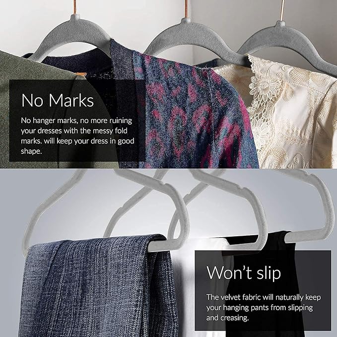 Evolluxi® Non-Slip Velvet Hangers - Suit Hanger Ultra Thin Space Saving 360 Degree Swivel Hook Strong and Durable Clothes Hangers (Grey, 10)