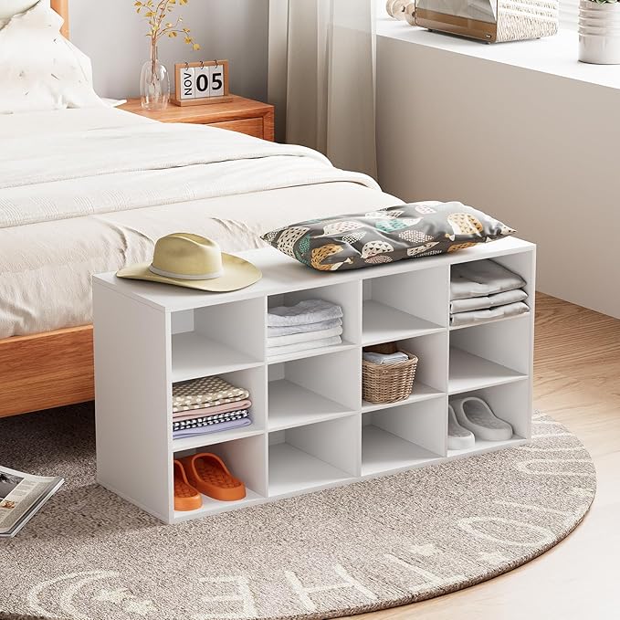 Aenuert 12-Cubby Shoe Rack, 3-Tier Wood Shoe Organizer, Multifunctional Shoe Organizer Bench for Entryway, Mudroom, Hallway, Closet,36.22 * 11.81 * 17.72 Inch,White