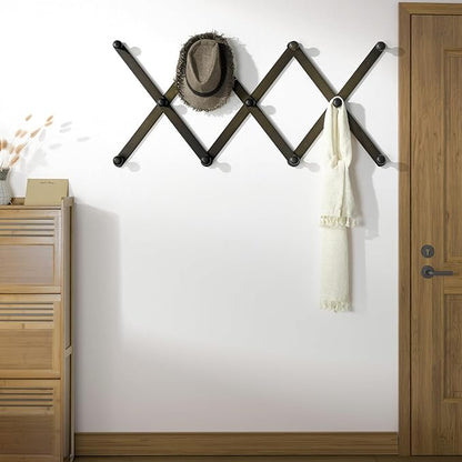 SKOLOO Large Hat Rack for Wall, Wooden Accordion Wall Hanger, Modern, Expandable Coat Hooks, Hat Display Rack for Home, Office, and Studio, 11 Peg, Dark Walnut