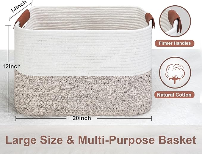 Large Cotton Rope Storage Basket with Leather Handles, Laundry Hamper Basket, 20 "L x 14" W x 12 "H, Durable & Stylish Organizer for Home.(Large Brown)