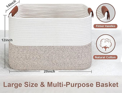 Large Cotton Rope Storage Basket with Leather Handles, Laundry Hamper Basket, 20 "L x 14" W x 12 "H, Durable & Stylish Organizer for Home.(Large Brown)