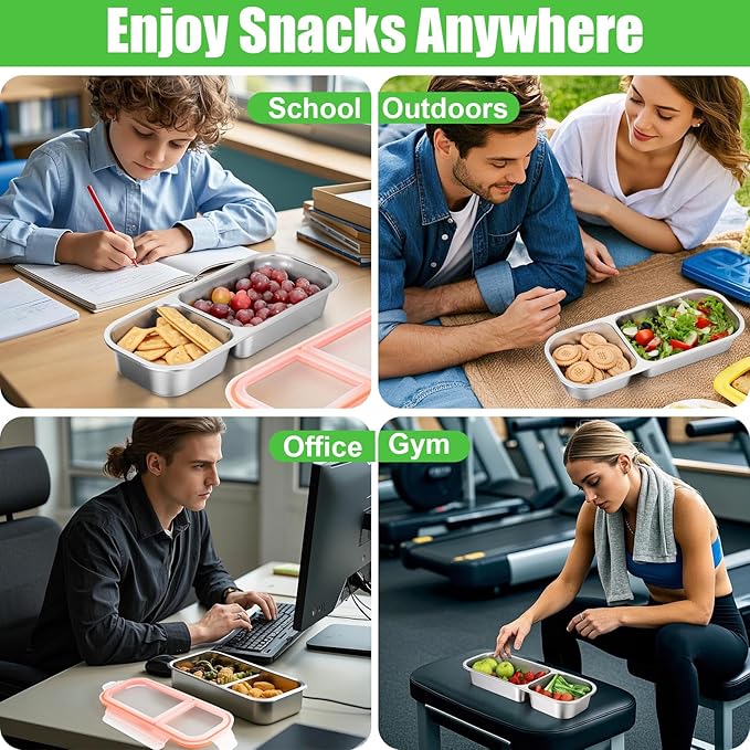 Palksky Bento Snack Containers Stainless Steel for Adult, Reusable Metal Lunch Boxes with Lids, Divided Food Storage Containers for Office, Gym, Travel, Outdoor