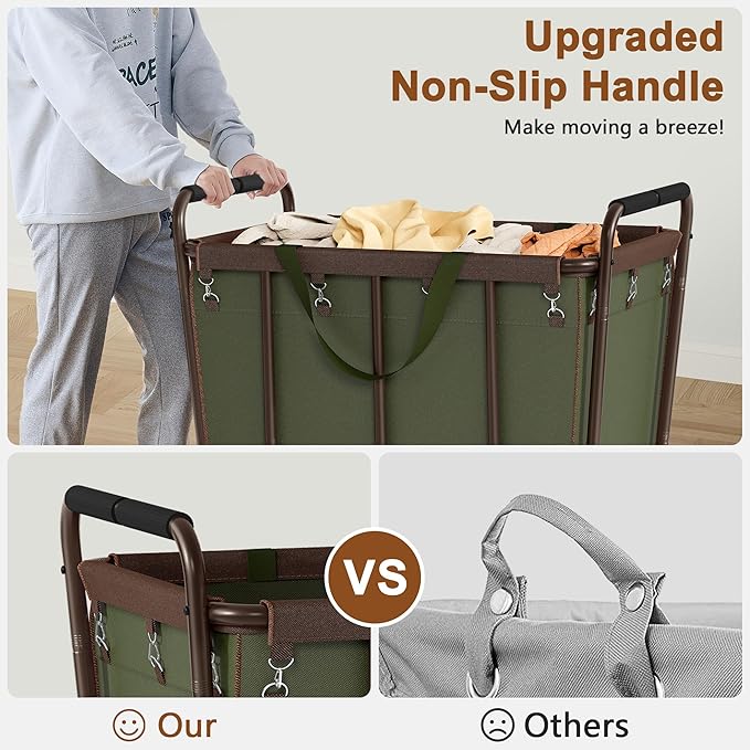 Hoctieon Large Laundry Cart with Wheels, 400L Heavy Duty Laundry Basket Organizer, Rolling Hamper Sorter for Clothes Storage, Industrial Dirty Clothes Hamper for Home & Hotel, Green+Brown