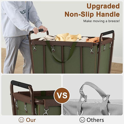 Hoctieon Large Laundry Cart with Wheels, 400L Heavy Duty Laundry Basket Organizer, Rolling Hamper Sorter for Clothes Storage, Industrial Dirty Clothes Hamper for Home & Hotel, Green+Brown