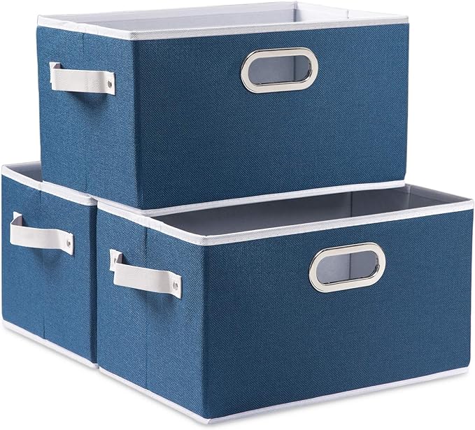 PRANDOM Fodable Storage Bins for Closet [3-pack] Decorative Fabric Storage Baskets Cubes with Leather/Metal Handles for Shelves Bedroom Living Room Royal Blue (11.5x8.5x6.7 Inch)