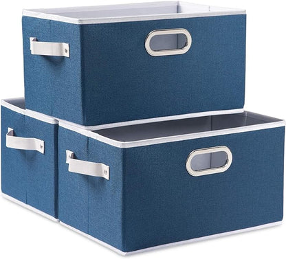PRANDOM Fodable Storage Bins for Closet [3-pack] Decorative Fabric Storage Baskets Cubes with Leather/Metal Handles for Shelves Bedroom Living Room Royal Blue (11.5x8.5x6.7 Inch)