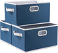 PRANDOM Fodable Storage Bins for Closet [3-pack] Decorative Fabric Storage Baskets Cubes with Leather/Metal Handles for Shelves Bedroom Living Room Royal Blue (11.5x8.5x6.7 Inch)