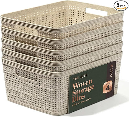 BINO | Woven Plastic Basket | Small (Natural), 5-Pack | THE JUTE COLLECTION | Home Organization, Space - Saving Storage, Stylish Design | Jute Basket | Plastic Storage Basket