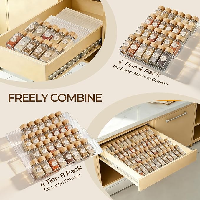 UFORU Acrylic Spice Drawer Organizer 4 Tier(4 Packs), Expandable from 11" to 22" Seasoning Organizer Tray for Kitchen - Clear Tiered Spice Rack for Drawer, No Assembly Required(Jars Not Included)