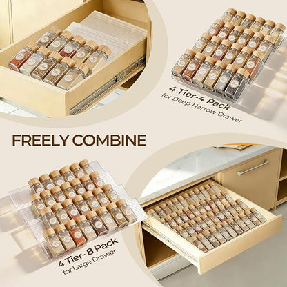 UFORU Acrylic Spice Drawer Organizer 4 Tier(4 Packs), Expandable from 11" to 22" Seasoning Organizer Tray for Kitchen - Clear Tiered Spice Rack for Drawer, No Assembly Required(Jars Not Included)