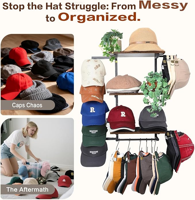 Keebofly Hat Rack for Wall with Shelf for Handbags, Purse,Bennies, Perfumes & Cosmetics Display, Hat Holder Storage for 100+ Caps, Baseball Cap Organizer & Beanie Holder for Closet, Entryway, Bedroom