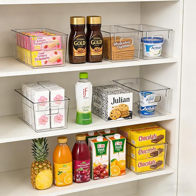4 Pack Clear Plastic Storage Bins with Handles, Stackable Organizer Containers for Pantry, Fridge, Cabinet, Bathroom, Closet, Under Sink, Kitchen Organization,M