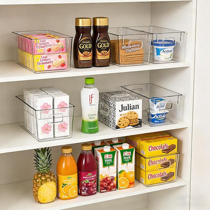 4 Pack Clear Plastic Storage Bins with Handles, Stackable Organizer Containers for Pantry, Fridge, Cabinet, Bathroom, Closet, Under Sink, Kitchen Organization,M