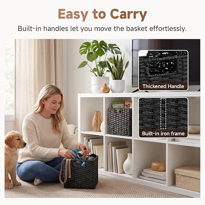 StorageWorks 9 inch Wicker Storage Cubes, Handwoven Wicker Baskets for Storage, Square Cube Basket, Foldable Paper Rope Basket for Organizing, Black, 2 Pack